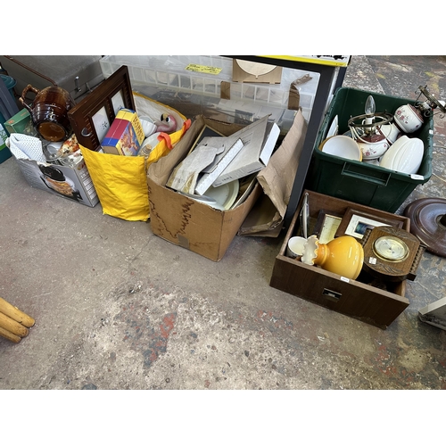 1215 - Five boxes containing vintage G. Sandwell heavily carved oak barometer, Denby dishes, ceramics, glas... 