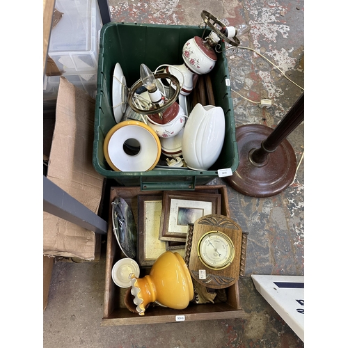 1215 - Five boxes containing vintage G. Sandwell heavily carved oak barometer, Denby dishes, ceramics, glas... 