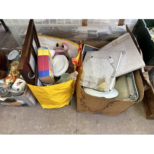 1215 - Five boxes containing vintage G. Sandwell heavily carved oak barometer, Denby dishes, ceramics, glas... 