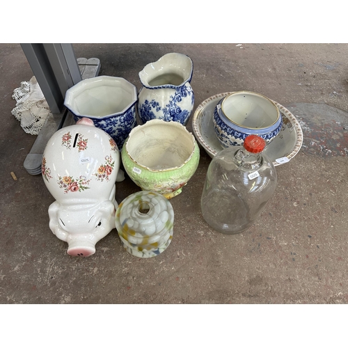 1225 - Eight pieces of ceramics and glassware to include Art Deco mottled glass lampshade, antique blue and... 