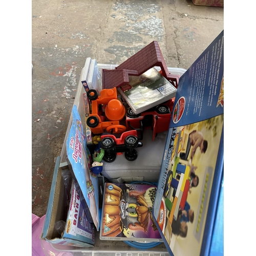 1226 - Two boxes containing toys to include Paw Patrol car ramp, Bob the Builder figures, dolls house furni... 