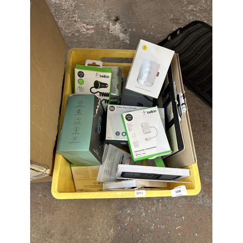 1228 - Two boxes containing a large collection of mainly mobile phone and tablet accessories to include box... 