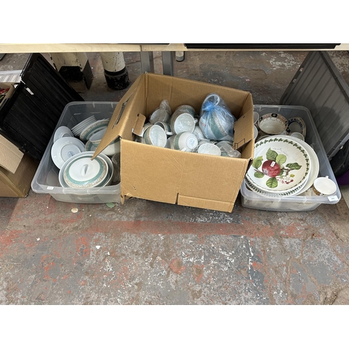 1251 - Three boxes containing ceramics to include Wedgwood Aztec dinner service, Portmeirion Botanical Gard... 