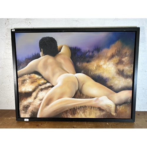 253 - A framed 2006 Pieter Villiers nude male oil on canvas - approx. 82cm high x 108cm wide