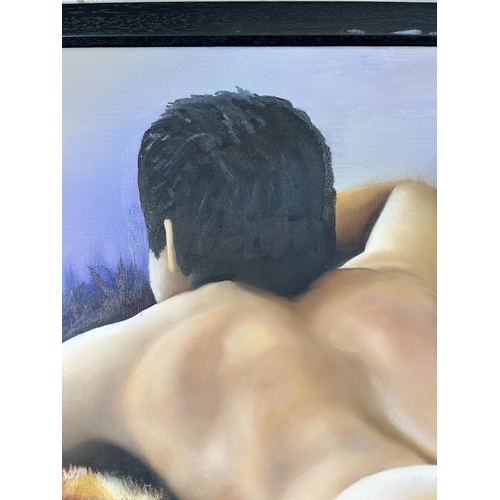 253 - A framed 2006 Pieter Villiers nude male oil on canvas - approx. 82cm high x 108cm wide