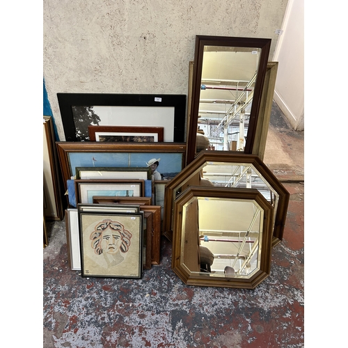 256 - A collection of pictures and mirrors to include two pine framed octagonal wall mirrors, 1960s mosaic... 