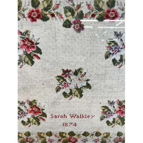 270 - A Victorian lacquer framed sampler by Sarah Walkley 1874 - approx. 63cm high x 73cm wide