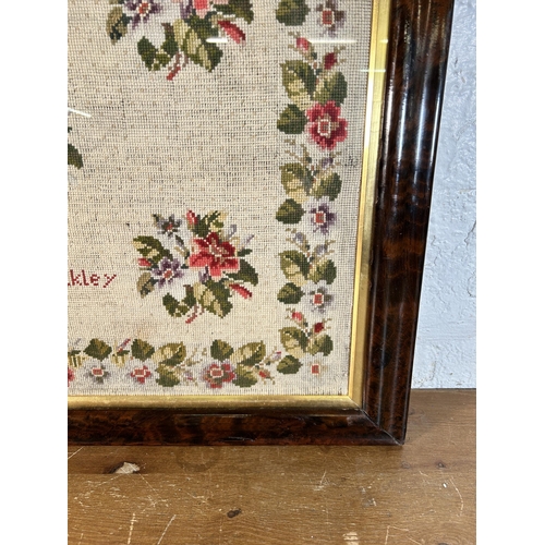 270 - A Victorian lacquer framed sampler by Sarah Walkley 1874 - approx. 63cm high x 73cm wide