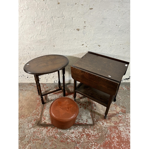 121 - Three pieces of furniture, one oak drop leaf two tier tea trolley, one oak oval side table and one S... 