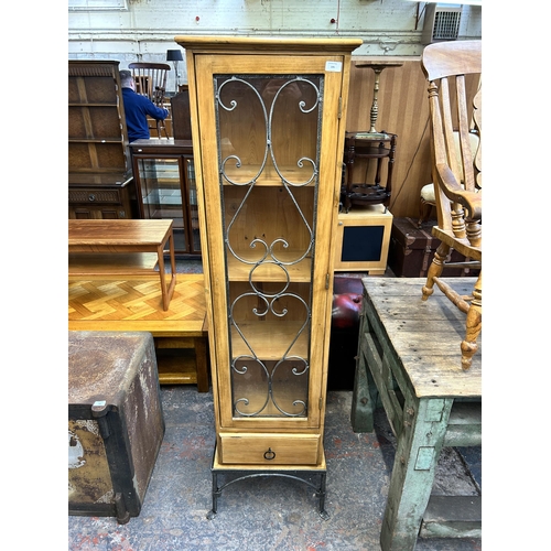 195 - A modern pine and wrought iron display cabinet - approx. 175cm high x 45cm wide x 30cm deep