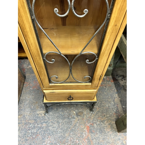 195 - A modern pine and wrought iron display cabinet - approx. 175cm high x 45cm wide x 30cm deep