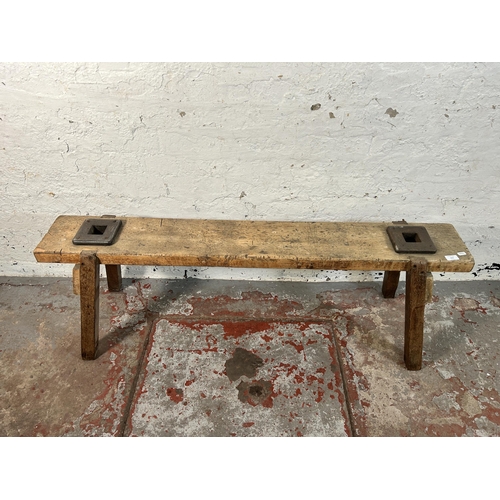 213 - A late 19th century/early 20th century beech industrial stool - approx. 45cm high x 25cm wide  x 138... 