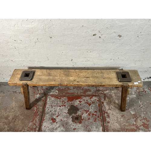 213 - A late 19th century/early 20th century beech industrial stool - approx. 45cm high x 25cm wide  x 138... 