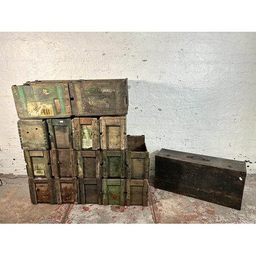 230 - A collection of vintage pine ammunition crates together with an early 20th century wooden tool box