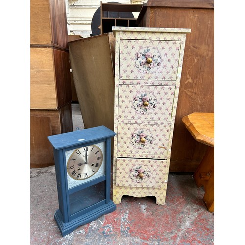 171 - Two items, one decoupage chest of drawers and one Timemaster blue painted cased chiming wall clock