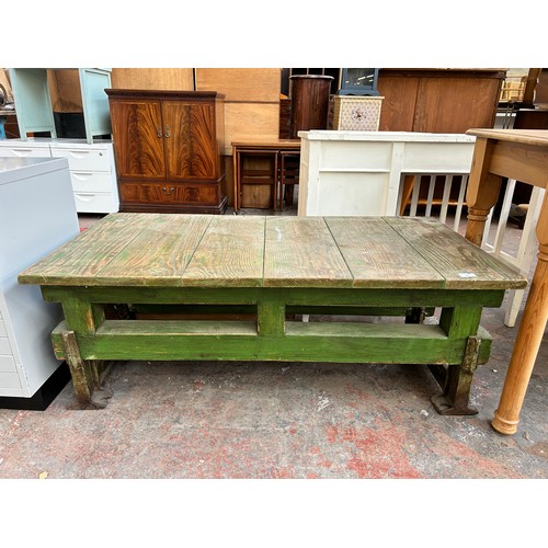 203 - A reclaimed pine and cast iron rectangular coffee table - approx. 46cm high x 61cm wide x 120cm long