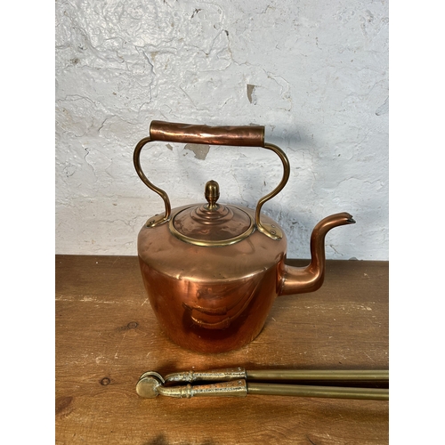 617 - Four pieces of 19th century and later metalware, one copper and brass kettle with acorn finial and o... 