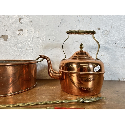 628 - Five pieces of antique and later metalware, one copper and brass kettle, one Victorian copper and br... 