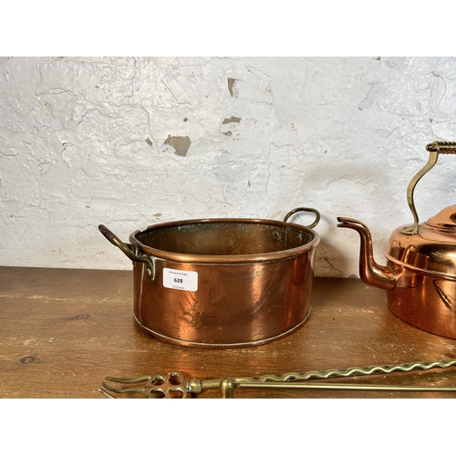 628 - Five pieces of antique and later metalware, one copper and brass kettle, one Victorian copper and br... 