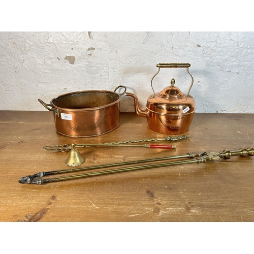 628 - Five pieces of antique and later metalware, one copper and brass kettle, one Victorian copper and br... 