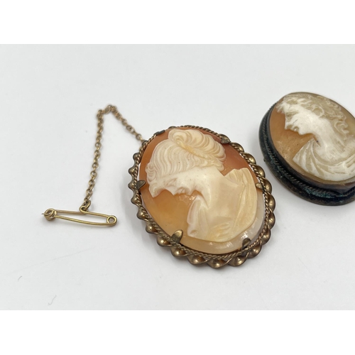 2010 - Three carved shell cameo brooches to include .800 silver etc.