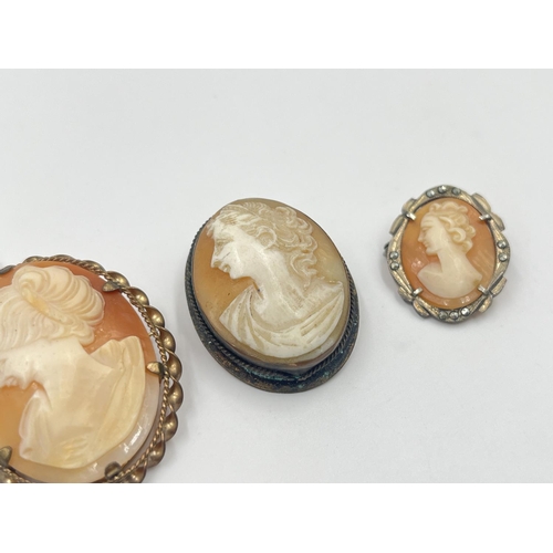 2010 - Three carved shell cameo brooches to include .800 silver etc.