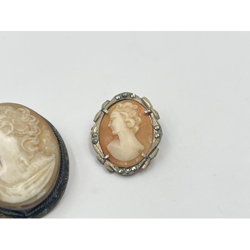 2010 - Three carved shell cameo brooches to include .800 silver etc.