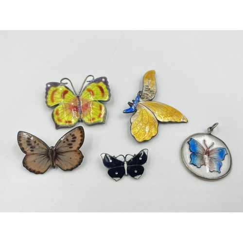 2015 - Five pieces of enamel butterfly jewellery to include hallmarked sterling silver example etc.