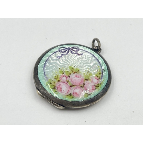 2016 - A .935 silver and guilloche enamel photo locket - approx. gross weight 8g and 3cm diameter