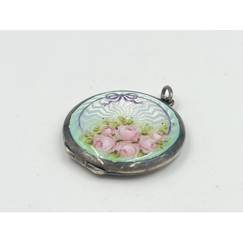 2016 - A .935 silver and guilloche enamel photo locket - approx. gross weight 8g and 3cm diameter