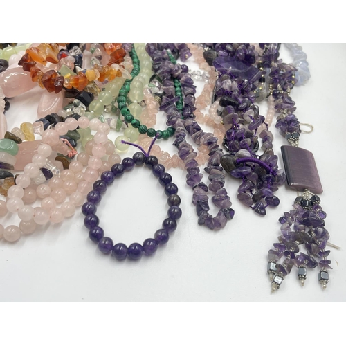 2023 - A collection of gemstone jewellery to include rose quartz, tiger's eye etc.