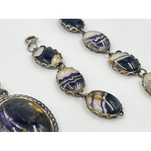 2029A - Two pieces of hallmarked sterling silver and Blue John jewellery - approx. gross weight 23g