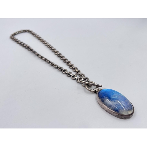 2202 - A hallmarked sterling silver albert chain and moonstone pendant necklace - approx. gross weight 72.3... 