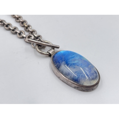 2202 - A hallmarked sterling silver albert chain and moonstone pendant necklace - approx. gross weight 72.3... 