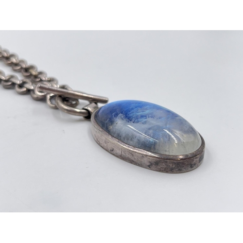 2202 - A hallmarked sterling silver albert chain and moonstone pendant necklace - approx. gross weight 72.3... 