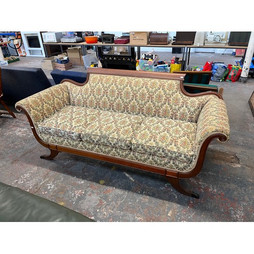 237 - A 19th century style carved mahogany and floral fabric upholstered three seater sofa - approx. 84cm ... 