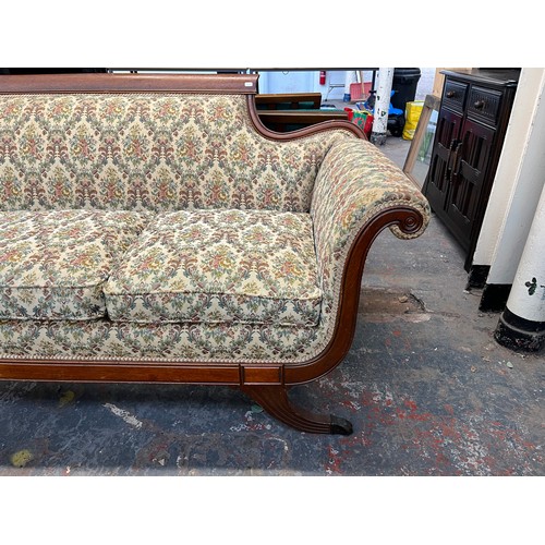 237 - A 19th century style carved mahogany and floral fabric upholstered three seater sofa - approx. 84cm ... 