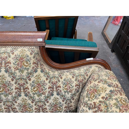 237 - A 19th century style carved mahogany and floral fabric upholstered three seater sofa - approx. 84cm ... 