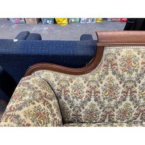 237 - A 19th century style carved mahogany and floral fabric upholstered three seater sofa - approx. 84cm ... 