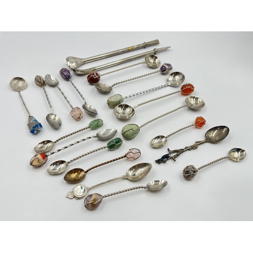 2232 - Twenty pieces of silver plated ware, two yerba mate bombilla straws and eighteen collector's spoons