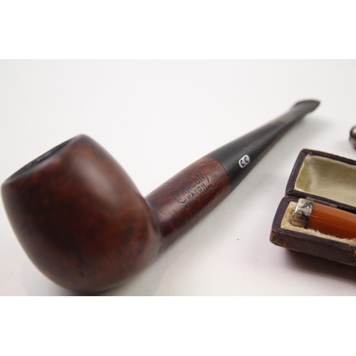 2377 - Five pieces of tobacciana, three .925 silver cheroot cases, one Chacom pipe and one cased amber and ... 