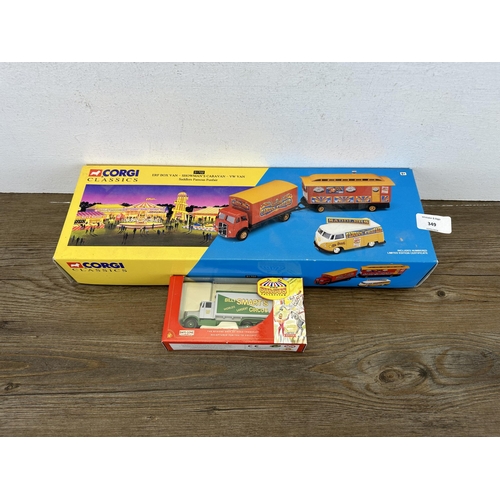 349 - Two boxed items, one Corgi Classics Saddlers Famous Funfair 31702 ERF boxvan, Showman's caravan and ... 