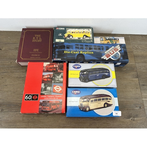 365 - Seven boxed die-cast model buses and sets, five Corgi and two Exclusive First Editions