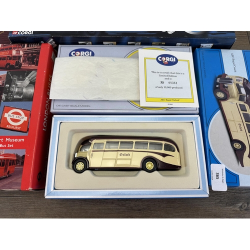 365 - Seven boxed die-cast model buses and sets, five Corgi and two Exclusive First Editions