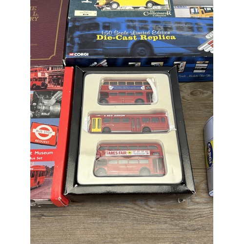 365 - Seven boxed die-cast model buses and sets, five Corgi and two Exclusive First Editions