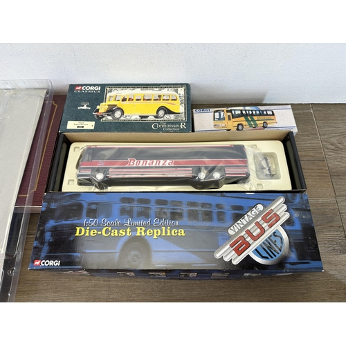 365 - Seven boxed die-cast model buses and sets, five Corgi and two Exclusive First Editions