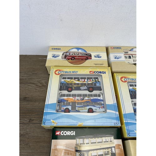 366 - Seven boxed Corgi die-cast model buses and trams, 97198, 36706, 36707, 97233, 97171 and two 45007