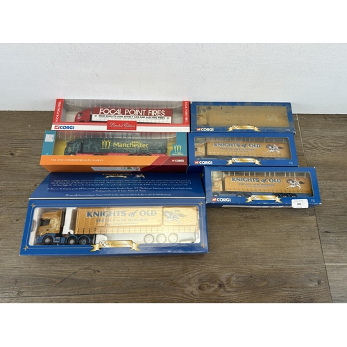 385 - Six boxed Corgi die-cast model vehicles, three TY86624, TY86704, CC86612 and CC12911