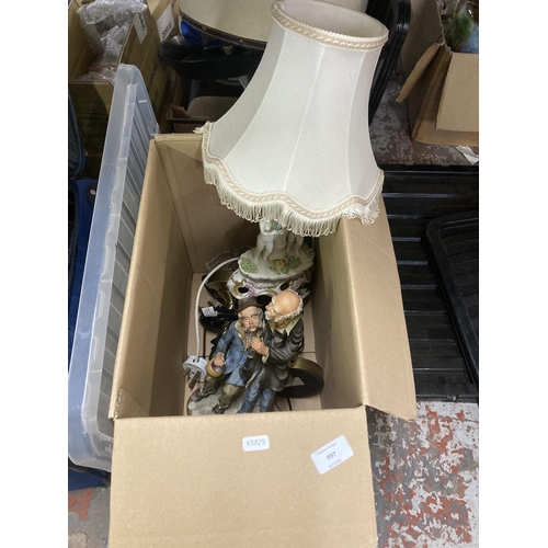 1141 - Four items, one pair of brass effect table lamps, one Capodimonte figural table lamp and one Capodim... 