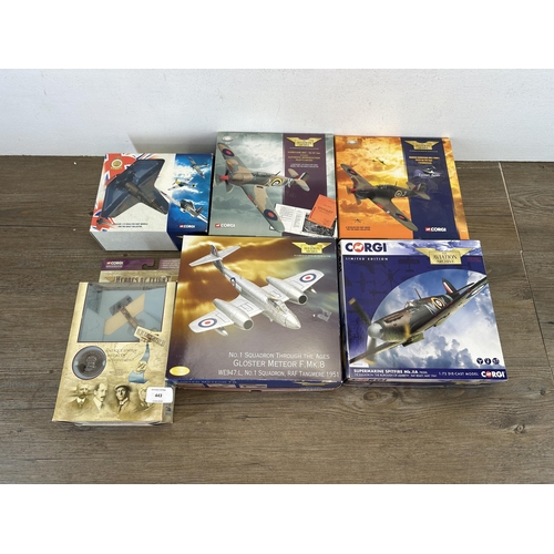 443 - Six boxed Corgi die-cast model aircraft, CS90121, 49101, 49104, 49103, AA39206 and AA35008